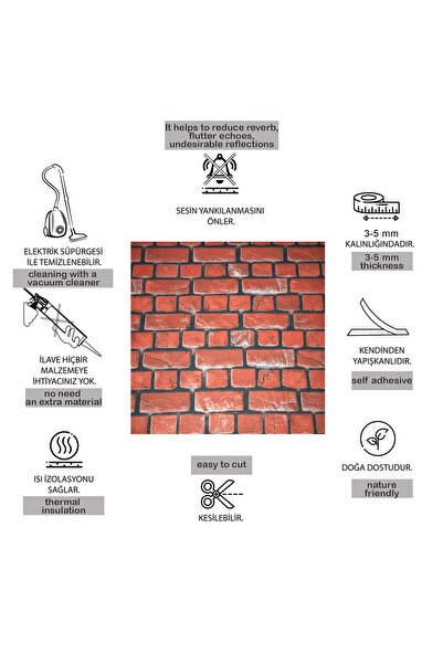 TİNK Self Adhesive Felt Wallpaper Red Brick Pattern 48X280 cm (6 Pieces - 8 m²)