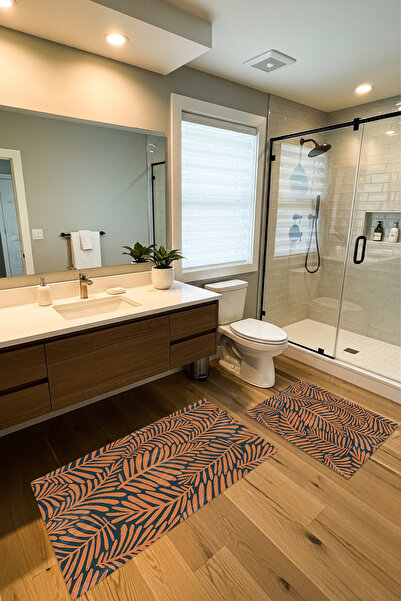 Etnik Dekor Orange Toned Leaf Patterned 2-Piece Digital Print, Non-Slip Base ...