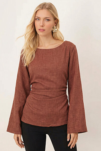 armonika Women's Brown Boat Neck Blouse with Gathered Sides and String Detail...