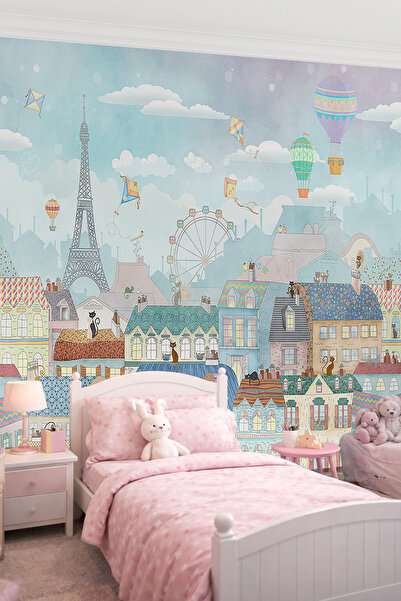 dreamwall Masalsı Şehir ve Kediler Tek Parça Tekstil Duvar Kağıdı - Çocuk Oda...