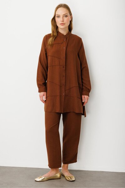 Micca VYS Nervur Detaylı İpekçe Doku Alt ve Üst Kombin Takım-Kahve