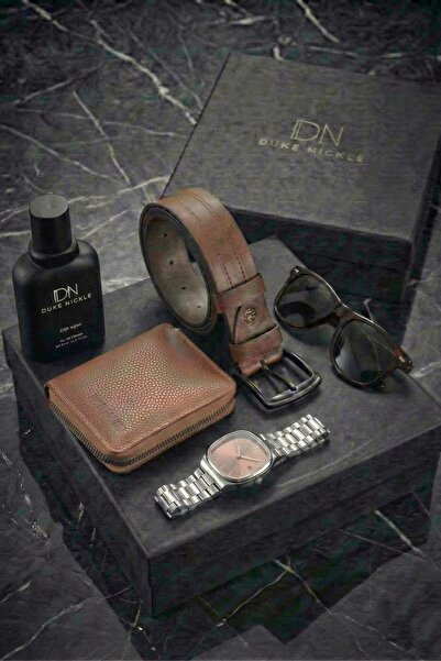 Duke Nickle Erkek Gümüş Kol Saati Kahverengi Cüzdan Kemer Gözlük Parfüm Kutul...