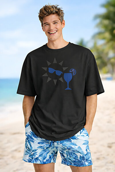 ArtYus Sun and Goblet Printed Summer Themed Cotton Relaxed Fit Round Neck Uni...