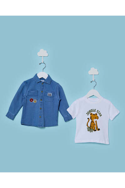REDTAG Infant Boys Blue Denim Shirt With White T-shirt