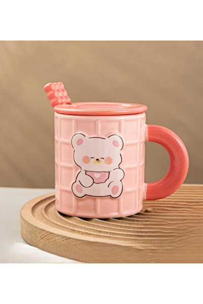 Bam Cute Bear Figured Ceramic Mug with Spoon and Lid