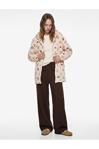 Koton Hooded Long Sleeve Printed Zippered Oversize Robe