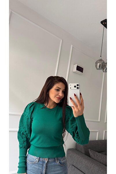 Daves Yeşil Balon Kol Esnek Triko Bluz