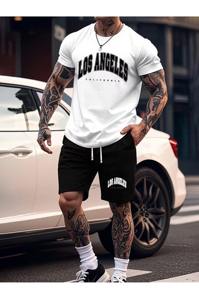 PAVRO Unisex Oversize Shorts Set Top and Bottom Two-Piece Comfortable Los Cal...