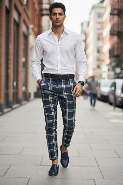 dehaine Men's casual pants, plaid, Slim Fit, Navy blue, B1730