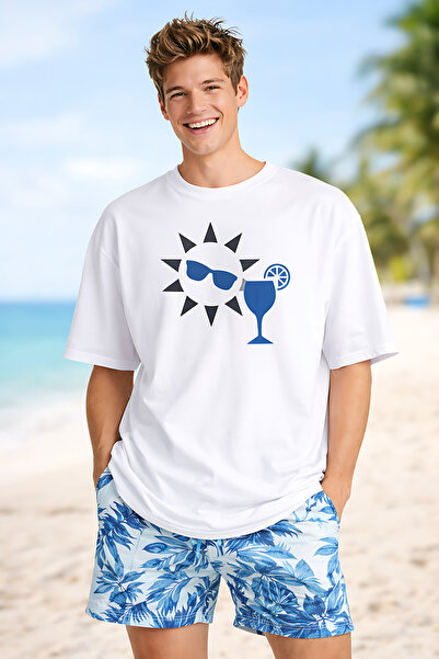 ArtYus Sun and Goblet Printed Summer Themed Cotton Relaxed Fit Round Neck Uni...