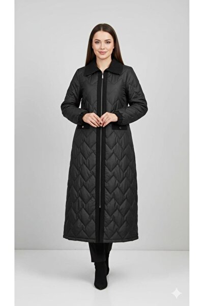 Micca Soft Elyaf Dolgulu Özel Garni Detaylı Astarlı Zamansız Kaban Manto-Siyah