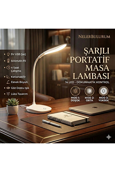 nelerbulurum ŞARJLI DOKUNMATİK AYARLANABİLİR PARLAKLIK 14 LEDLİ ŞARJLI PORTAT...