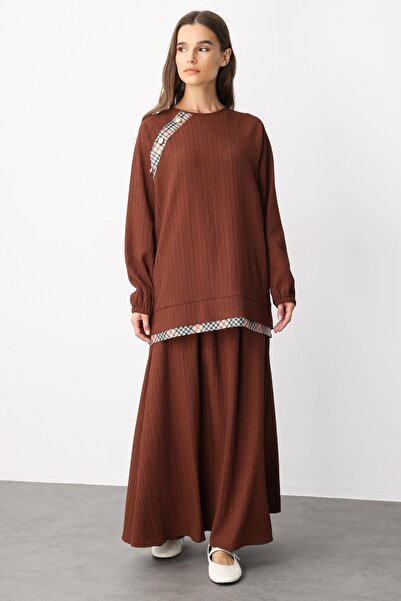 Micca Garni Detaylı Özel Dokuma Şık Etekli Takım-Kahve