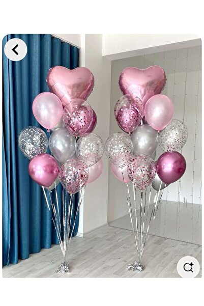 Çemrek Süs Parti Pink Silver Balloon Set with Heart Foil Balloons 22 Pieces