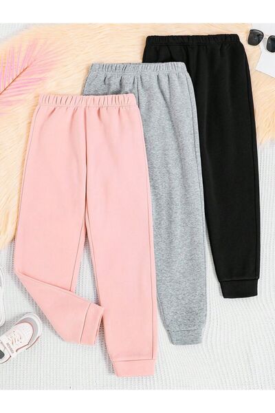 Kids Set de trei piese de trening pentru fete, roz, gri, negru, uni, fără imp...