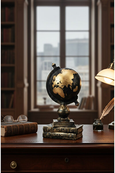 AKUA TAHTA Dekoratif Nostaljik Küre ve Kitap Tasarımlı Polyester Masa Üstü Ob...