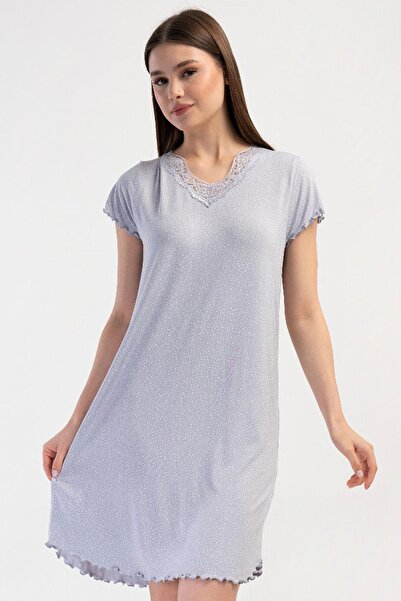 VİENETTA Women's Lace V-Neck Short Sleeve Gray Nightgown Tunic C3T0N3904