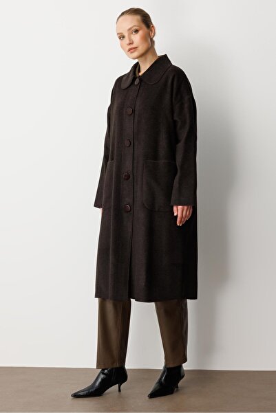 Micca Yün Dokulu Özel Polyviskon Kumaş Astarsız Giy Çık Kap Kaban-Kahve