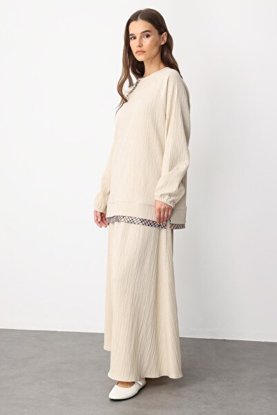 Micca Garni Detaylı Özel Dokuma Şık Etekli Takım-Bej