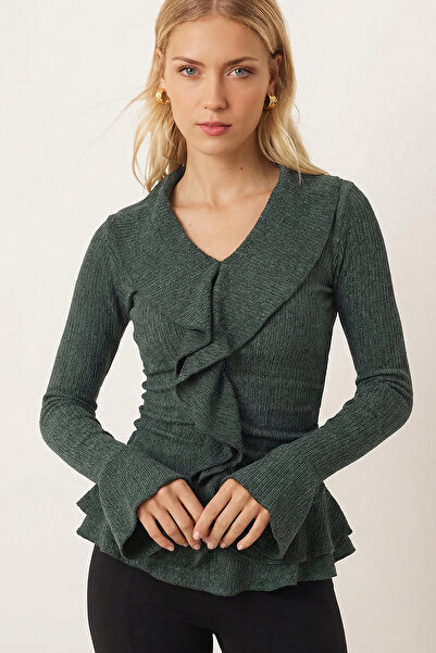 armonika Women's Green Ruffled Collar and Sleeves Gathered Blouse Arm-26K001079