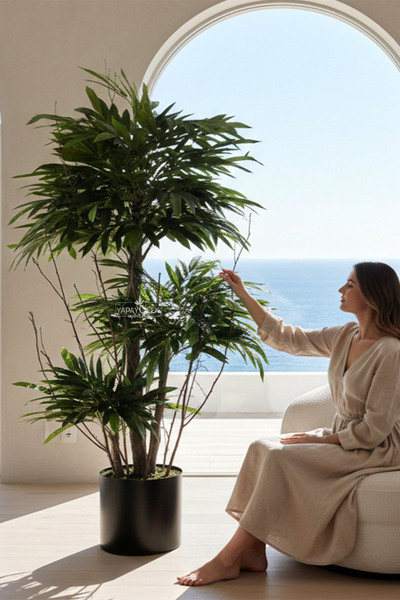 Yapay Çiçek Deposu Metal Saksıda Yapay 3 Gövdeli Mango Ağacı 180 cm