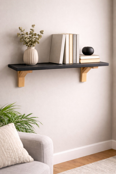 Trend Kitchen Nordline Doğal Ahşap Ayaklı Siyah Dekoratif Duvar Rafı