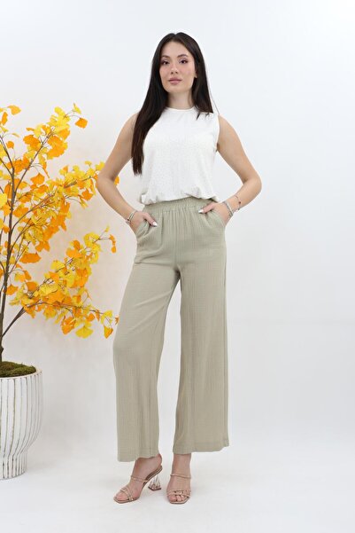 Kayra Beli Lastikli Müslin Pantolon - K.Yeşili