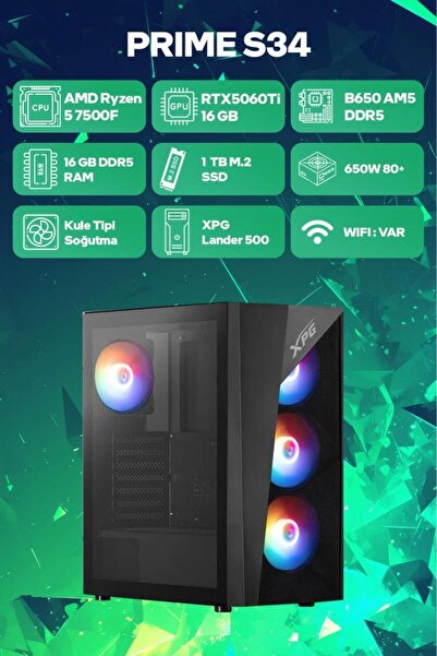 Game Garaj Prime S34 AMD Ryzen 5 7500F 16GB RAM 1TB SSD RTX5060Ti 16GB FreeDO...