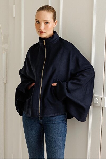 Micca Hafif Astarsız Yün Görünüm Sağlayan Polyviskon Kumaş Pancho Tarz Kaban-...