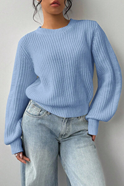 Tarz Cool Women's Blue Oversize Crew Neck Balloon Sleeve Ribbed Knit Sweater