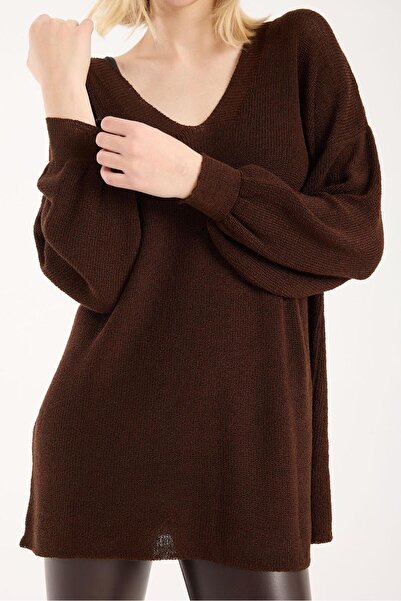 sumoda Women's Knitwear Sweater Front Back V-Neck Balloon Sleeve Thin Merceri...