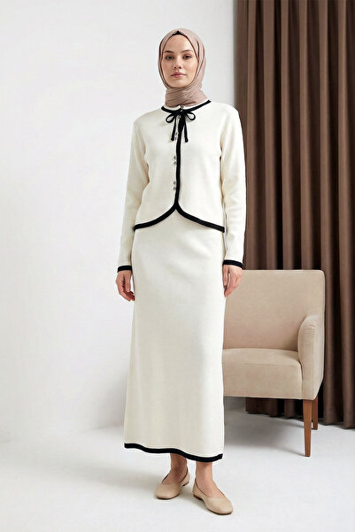 MODAQU Buttoned Cardigan Skirt Knitwear Set - Cream