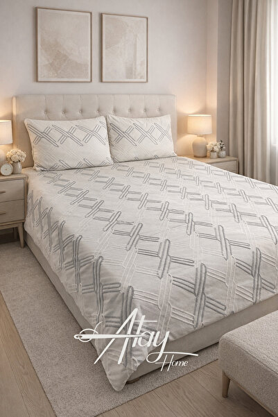 Atay Home طقم مفرش سرير مزدوج ناعم بتصميم هندسي عصري