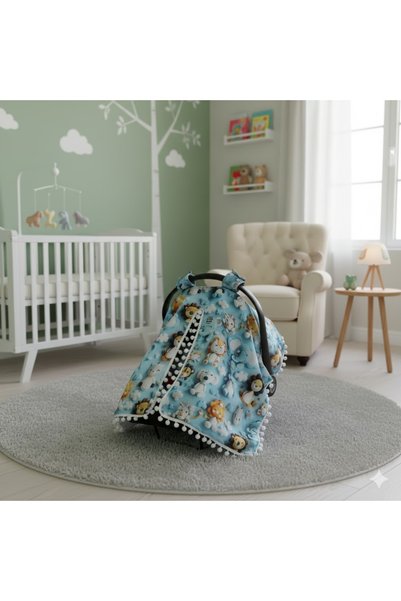 SerSev 100% Cotton 3D Patterned Double-Sided Muslin & Pique Pompom Stroller Cover and Back Support Cushion Set