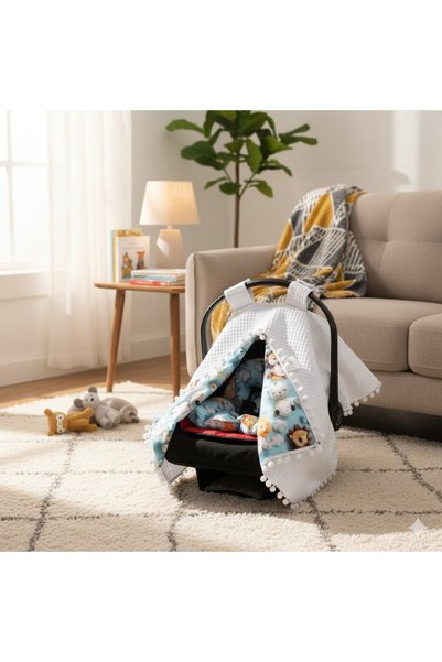 SerSev 100% Cotton 3D Patterned Double-Sided Muslin & Pique Pompom Stroller Cover and Back Support Cushion Set