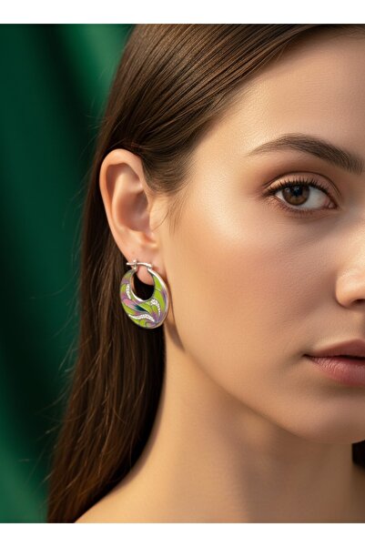 ZEY 925 Ayar Gümüş Takı-Yeşil Pembe Mineli Taşlı Halka Küpe