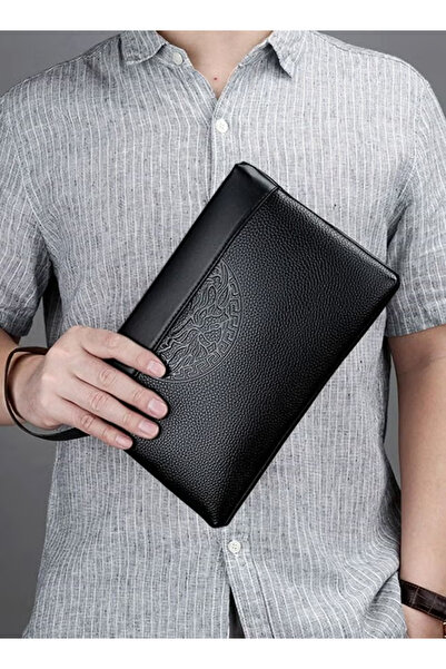 ROAISS Men's Totem Embossed Printing Clutch Bag Minimalist Textured Large Lea...