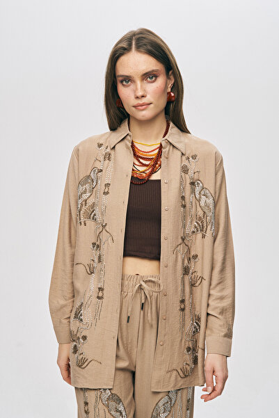 Orfeo Negro Women's Oriental Bird and Flower Bead Embroidered Oversize Shirt