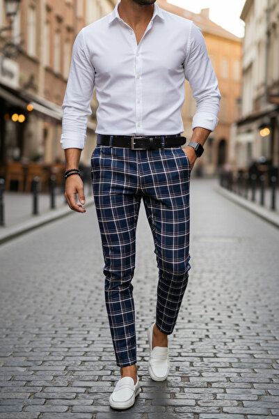 dehaine Men's casual pants, plaid, Slim Fit, Navy blue, B1779