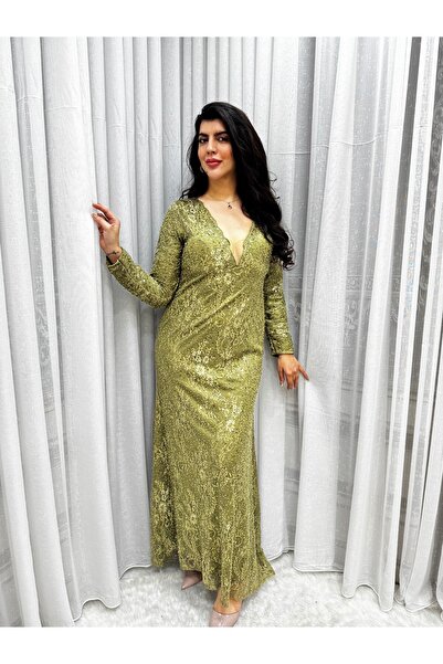 Rosina Olive green sequined lace evening dress