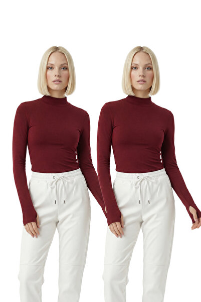 uyguntarz Γυναικεία μπλούζα με λεπτομέρεια στα δάχτυλα σε μπορντό χρώμα, σετ ...