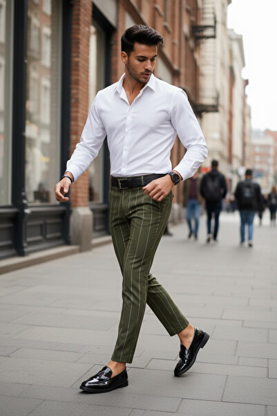 dehaine Men's casual pants, striped, Slim Fit, Khaki, B1798