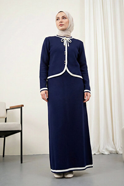 MODAQU Buttoned Cardigan Skirt Knitwear Set - Navy Blue