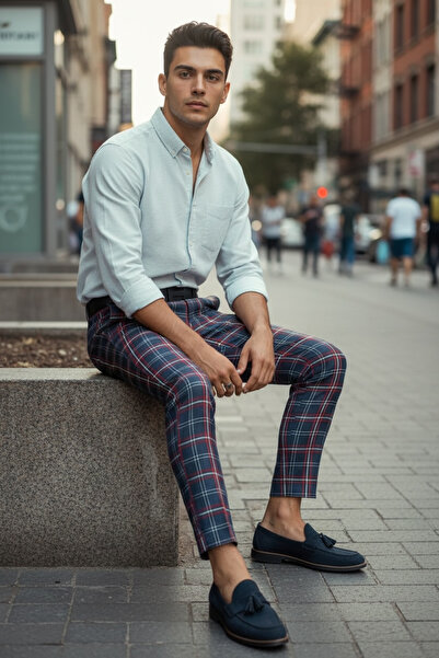 dehaine Men's casual pants, plaid, Slim Fit, Navy blue, B1746