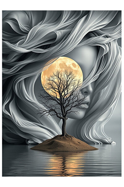 Bedeko Kadın Dolunay Ve Ağaç Soyut Mdf Ahşap Tablo