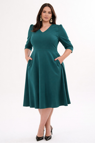 RURIS Women's Emerald Green V-Neck Pocketed Three-Quarter Sleeve Midi Flared ...