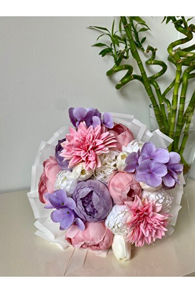 Pretty Pembe Beyaz Yapay Çiçek Buketi Şık Özel Tasarım Kucak Buketi Nişan Söz...