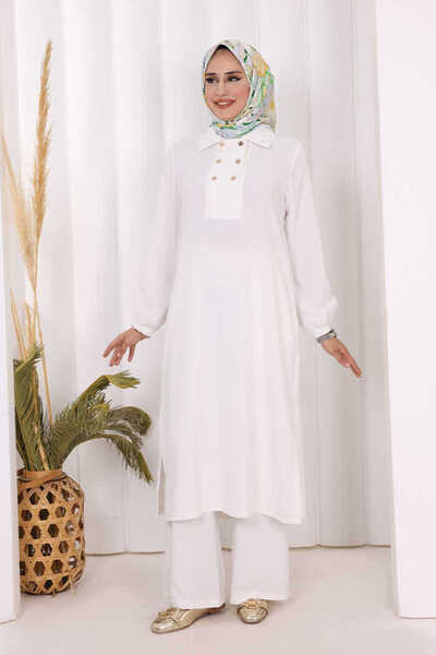 Bym Fashion Snap Button Detailed Tunic Trousers Double Set 8681 Ecru