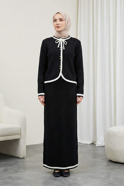 MODAQU Buttoned Cardigan Skirt Knitwear Set - Black