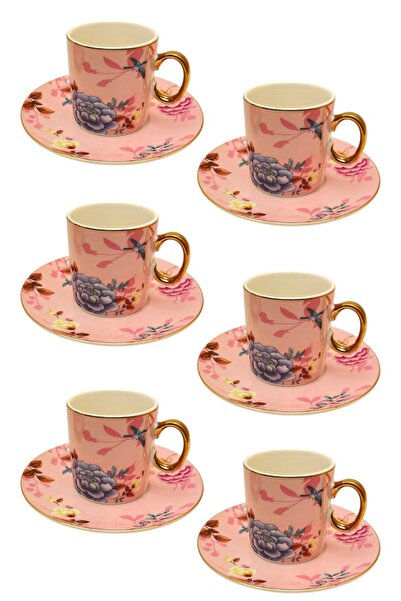 ALBETTO 6-Person Porcelain Gilded Coffee Cup with Spring Pink Flowers
